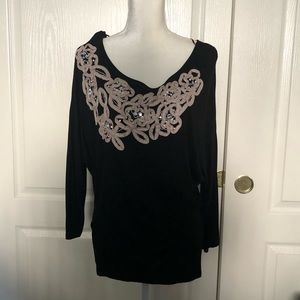 INC International Concepts Black Long Sleeve Top with Pink Embroidery